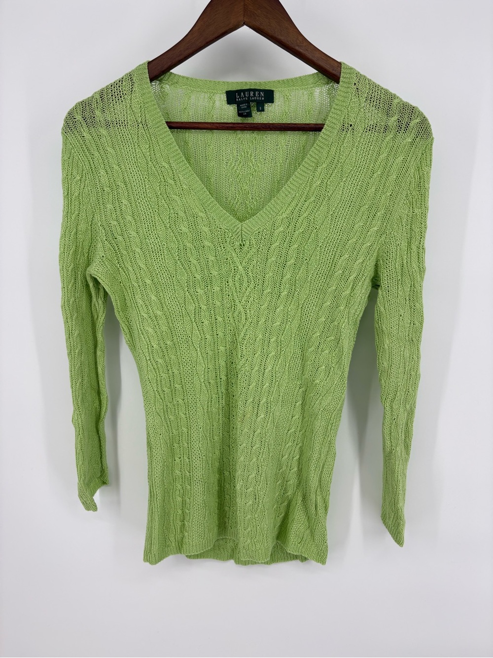 Ralph Lauren Spring Green Cable V-Neck Sweater linen